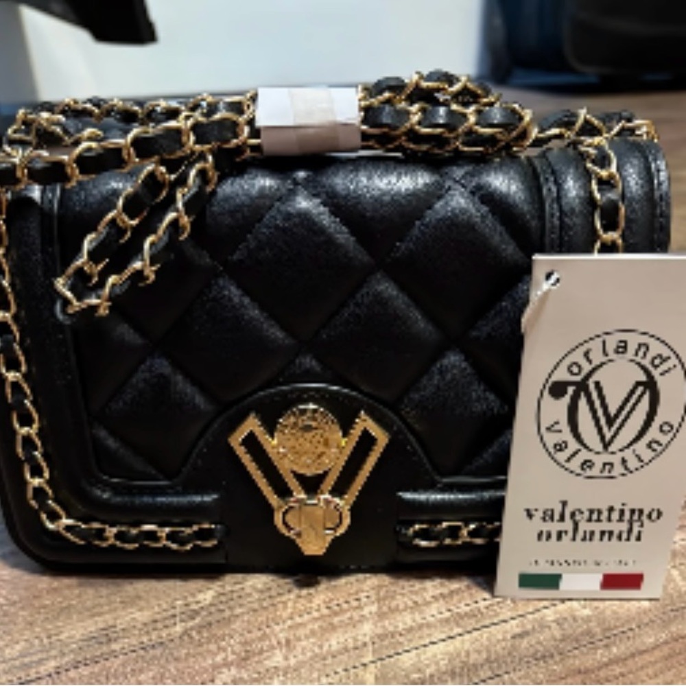 Valentino Orlandi Black  Cross Body Bag  gold hardware Turn lock closure Italy